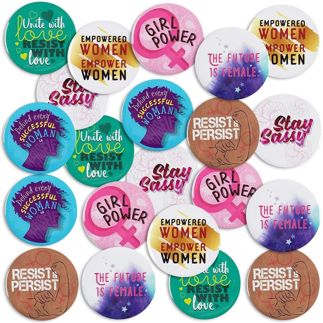 Feminist Button Pins in 8 Designs, Pinback Buttons for Women (2.25 in, 24-Pack)